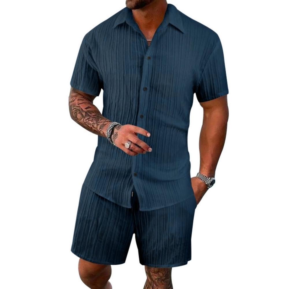 Men's Blue Short Sleeve Shirt and Shorts Set